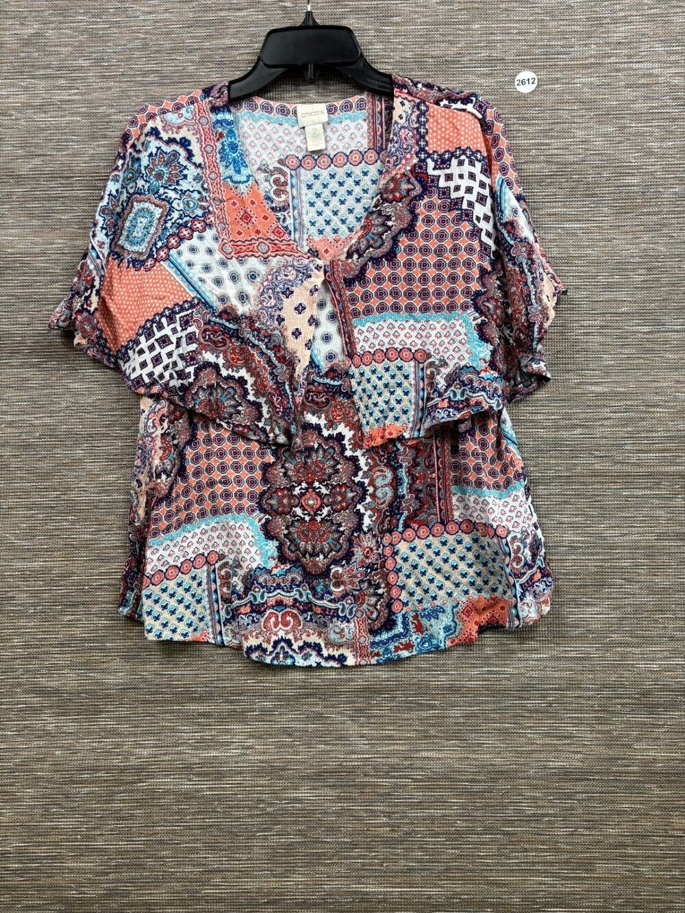 Chico’s Blouse Top Womens Size 2 US L Multicolor Patchwork Short Sleeve Casual